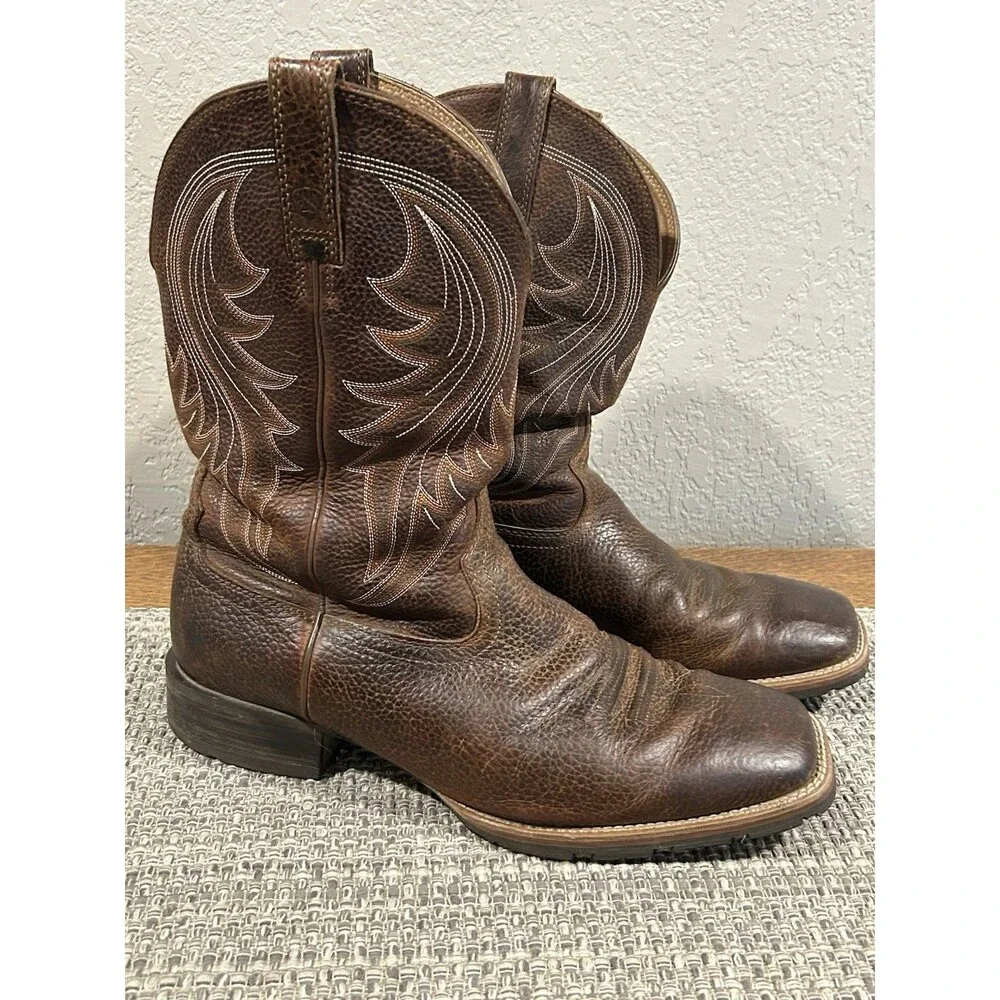 Ariat Men’s Hybrid Ranchers Boots Brown Leather Square Toe Stitching Size 14